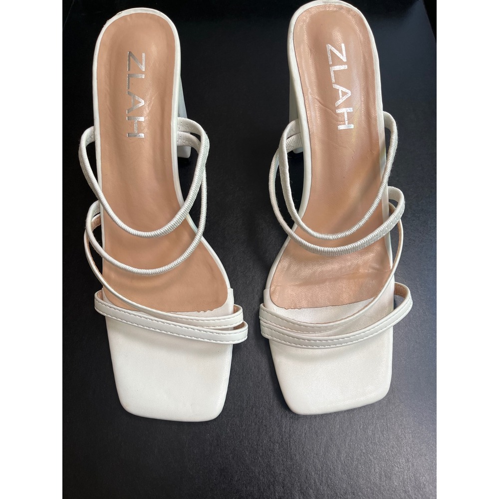 ZLAH White Strappy Block Heel Sandals Square Toe Slide EU 40 US 9